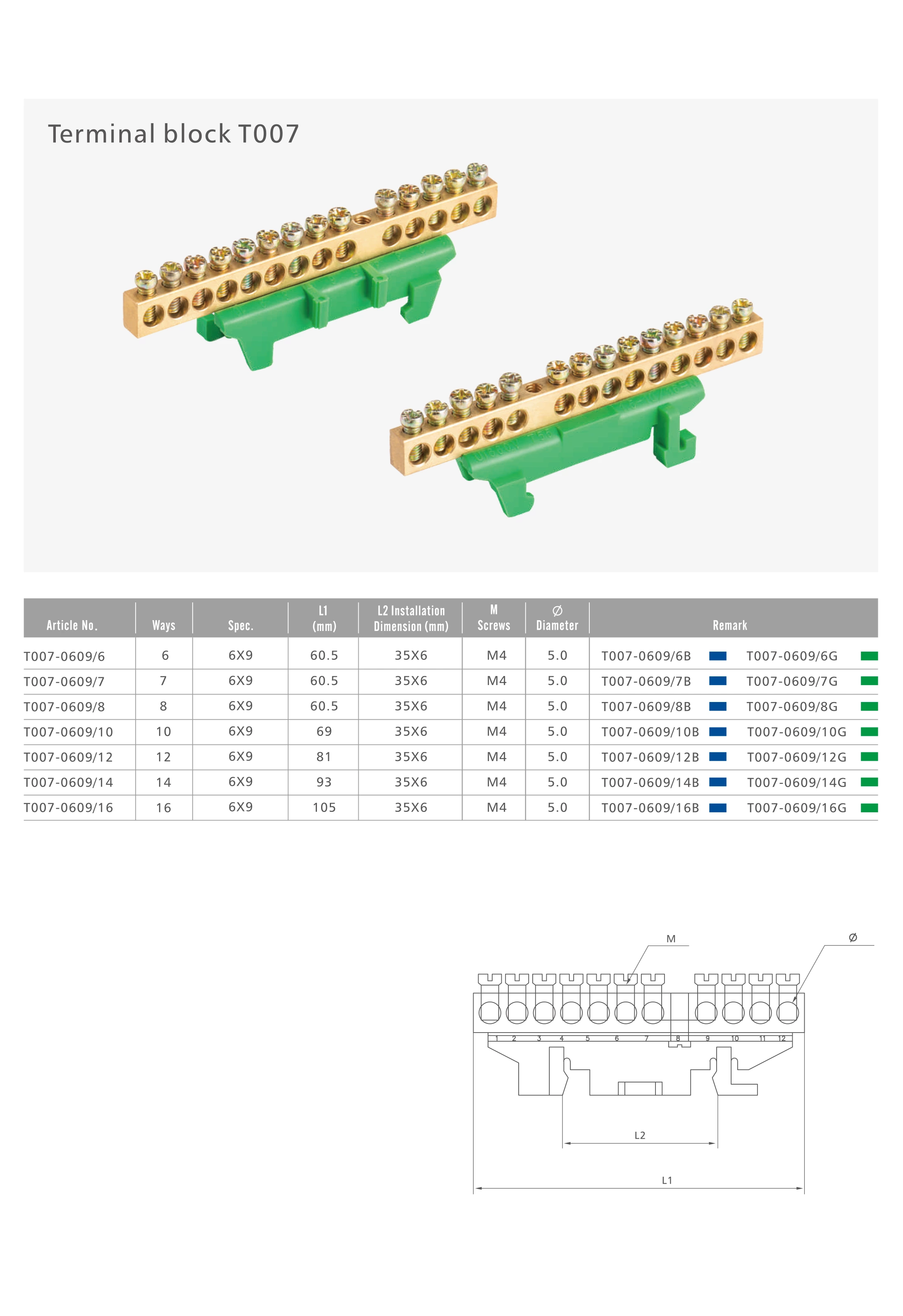 Copper Terminal Blocks T007 Series M4 distribution block