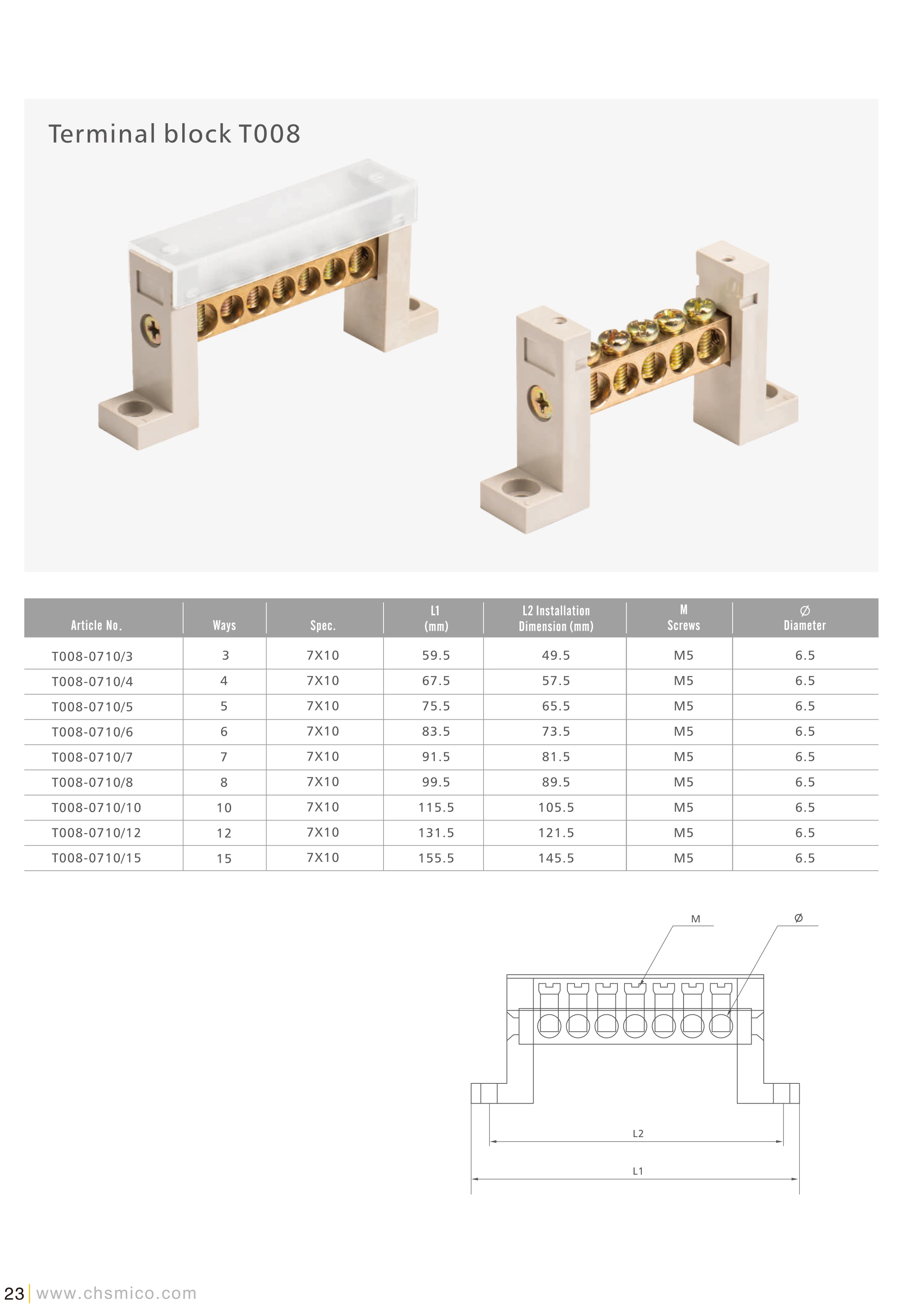 M5 Copper Terminal Blocks T008 Series   Screw power distribution block