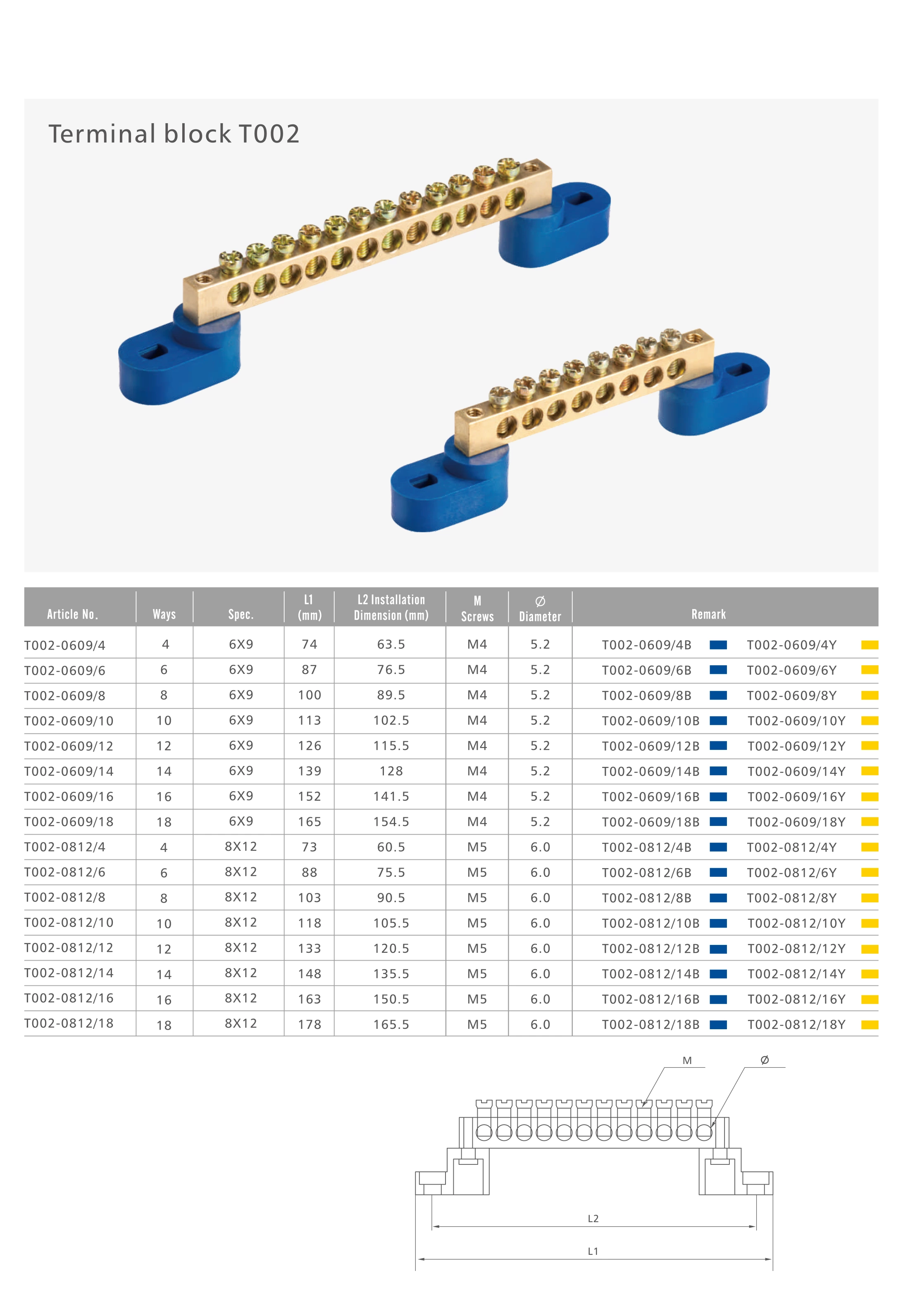 Copper Terminal Blocks T002 SeriesBest Quality Connector4P/6P/8P/10P/12P/14P/16P/18P for Distribution Box